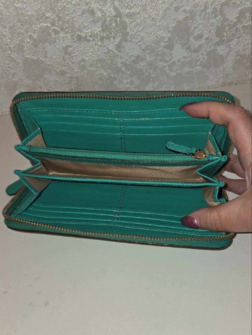 Coach Teal Green Zip-Around Leather Wallet - Picture 7 of 13